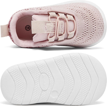 MORENDL Toddler Slip On Sneakers Baby Walking Shoes Non-Slip Breathable Unisex Pink Mesh Lace-Up
