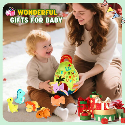 Baby Toys 6-12 Months - Soft Dinosaur Egg Toy with Rattle, Crinkle Paper, Squeaker, Mirror - Baby