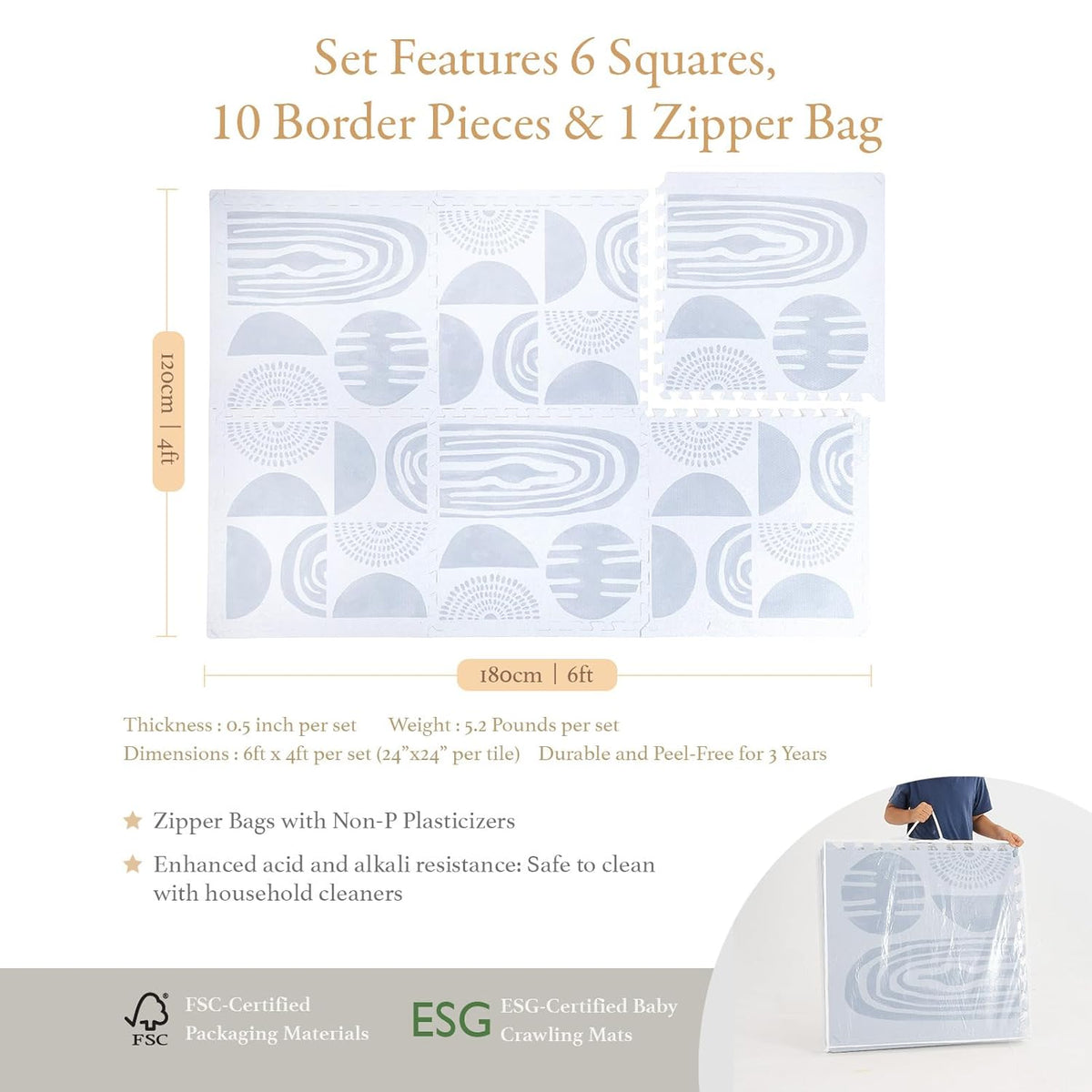 Premium Exercise & Baby Foam Play Mats - Stylish & Large Non-Toxic Odorless Floor Mat - 6 Tiles