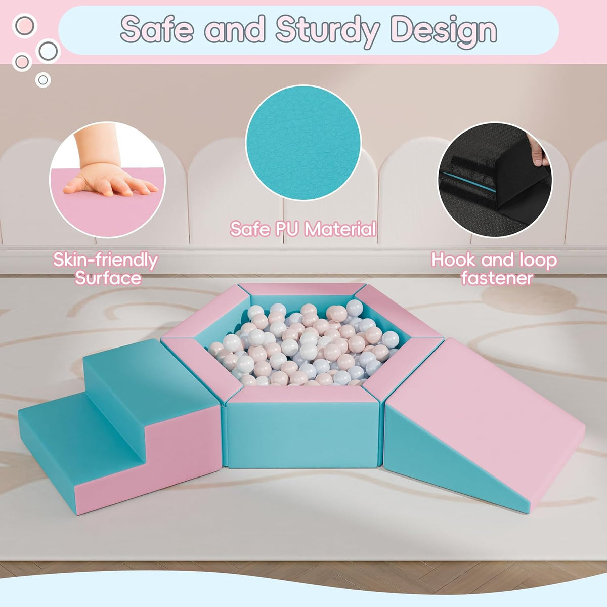 Foam Climbing Blocks for Girls Toddlers,Pink Soft Play Set Ball Pit,Climb & Crawl Foam Playset for