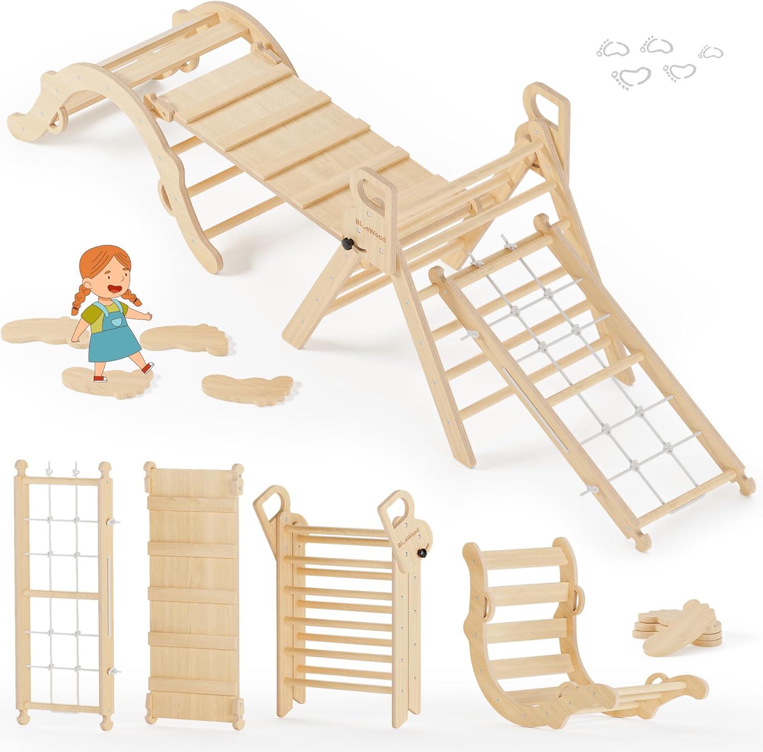 BlueWood 10-in-1 Pikler Triangle Set, Toddler Climbing Toys Indoor, Montessori Climber, Baby Jungle