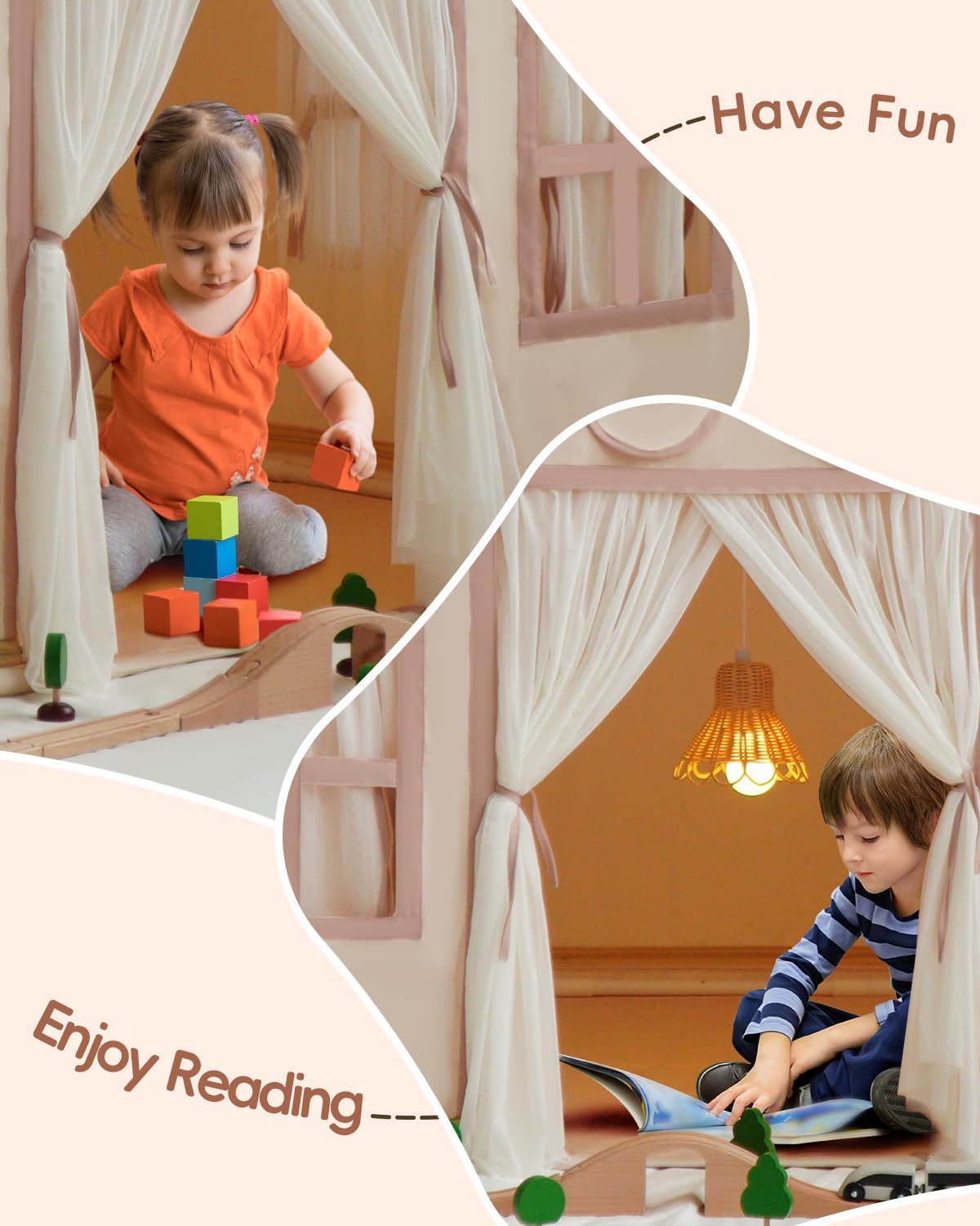 Large Kids Tent Playhouse Base Fabric with Star Lights, Flags and Tote Bags, Kids Play Tent Indoor