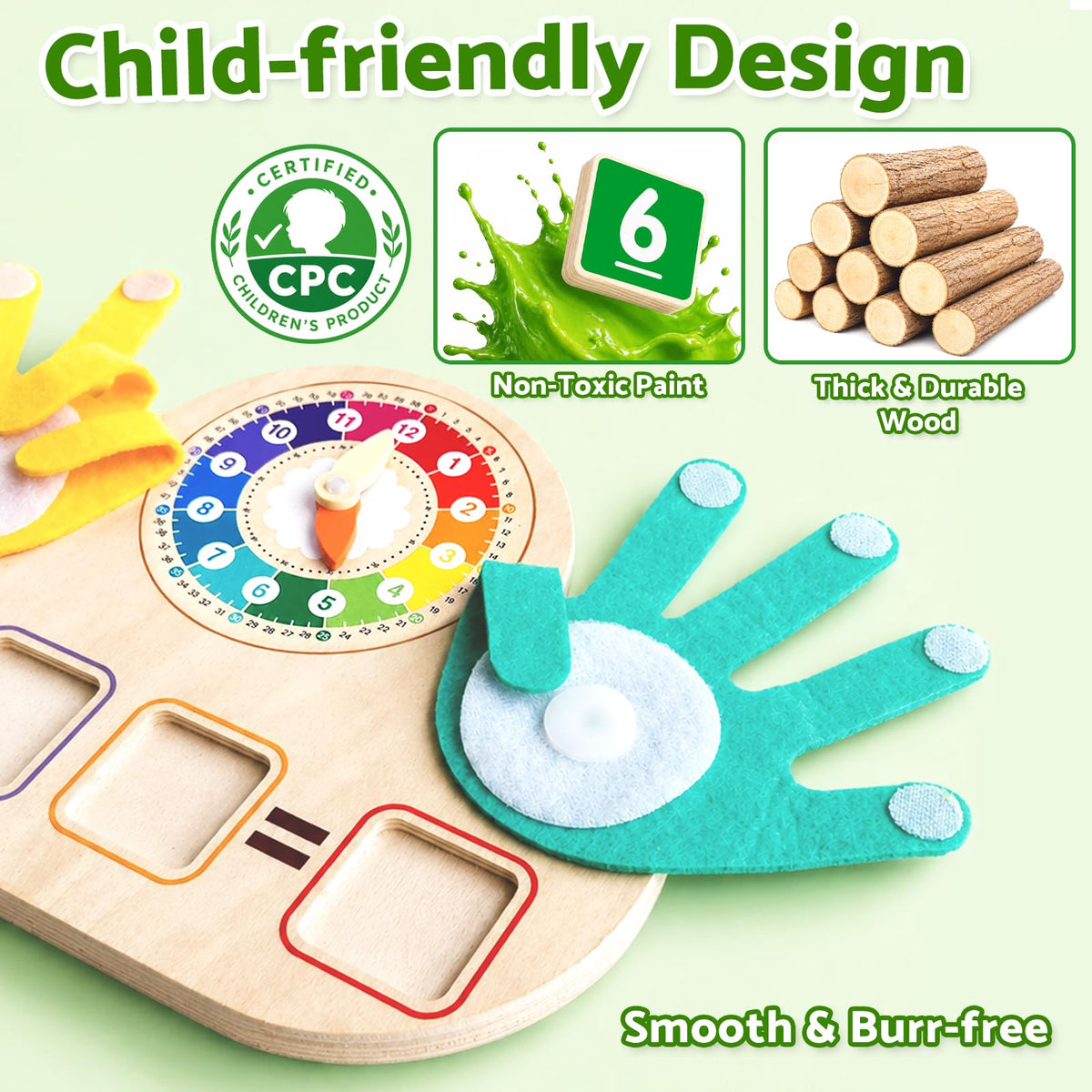 Quliwise 2-in-1 Wooden Math Manipulatives & Teaching Clock Toys