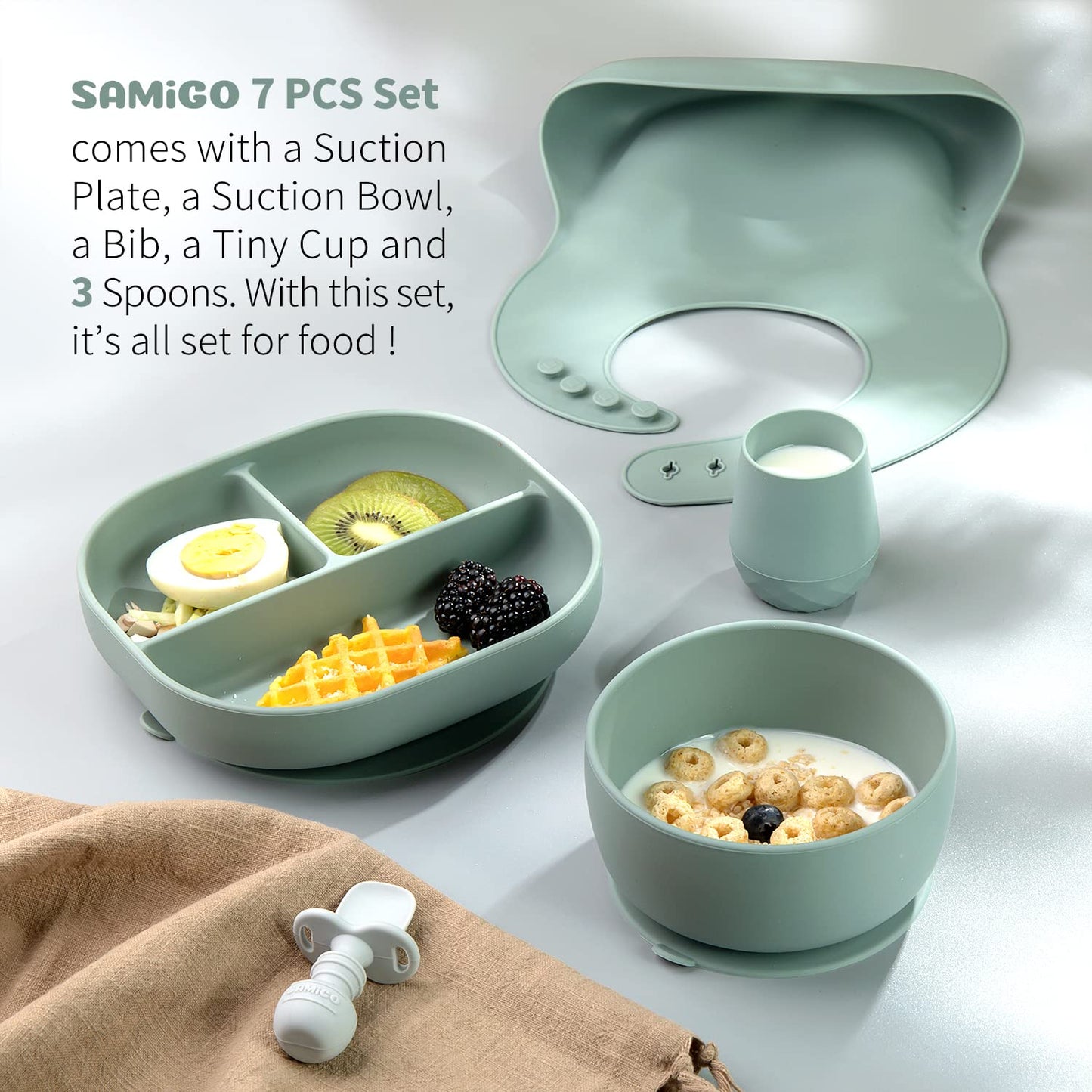 SAMiGO Silicone Baby Feeding Set, Baby Led Weaning Supplies, Suction Bowl Plate Bib Cup Self