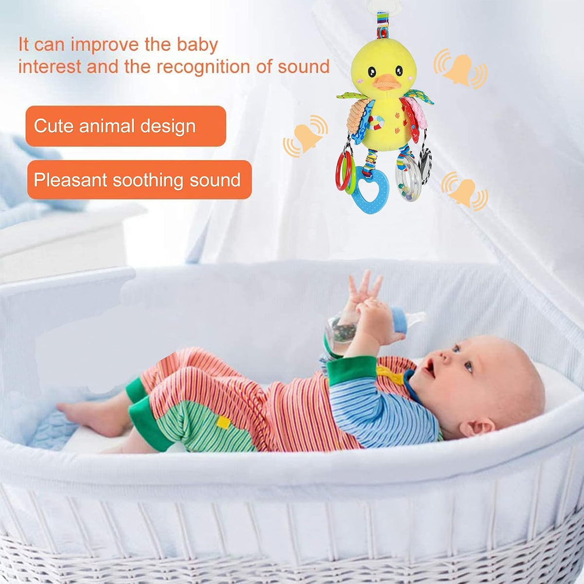 Baby Stroller Car Seat Toys for Infant with Teether Hanging Rattle, Clip on Stroller, Soft Plush