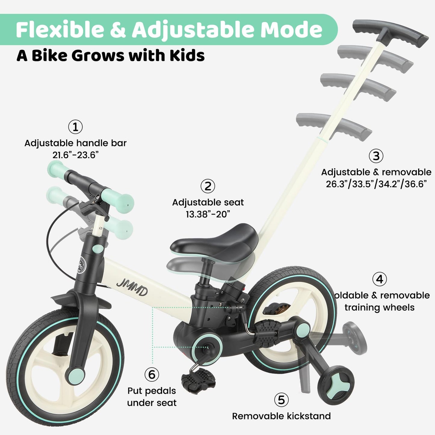 JMMD 6 in 1 Toddler Bike with Push Handle for Kids 18-60 Months, 12" Foldable Balance Bike with