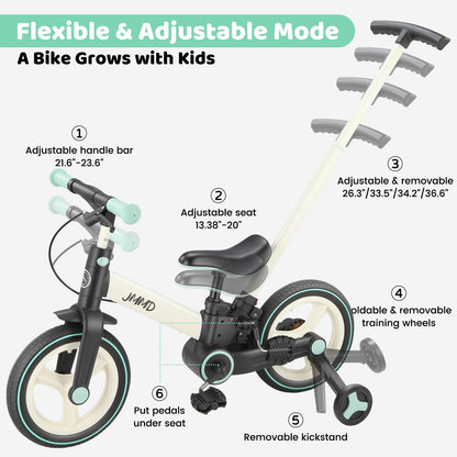 JMMD 6 in 1 Toddler Bike with Push Handle for Kids 18-60 Months, 12" Foldable Balance Bike with