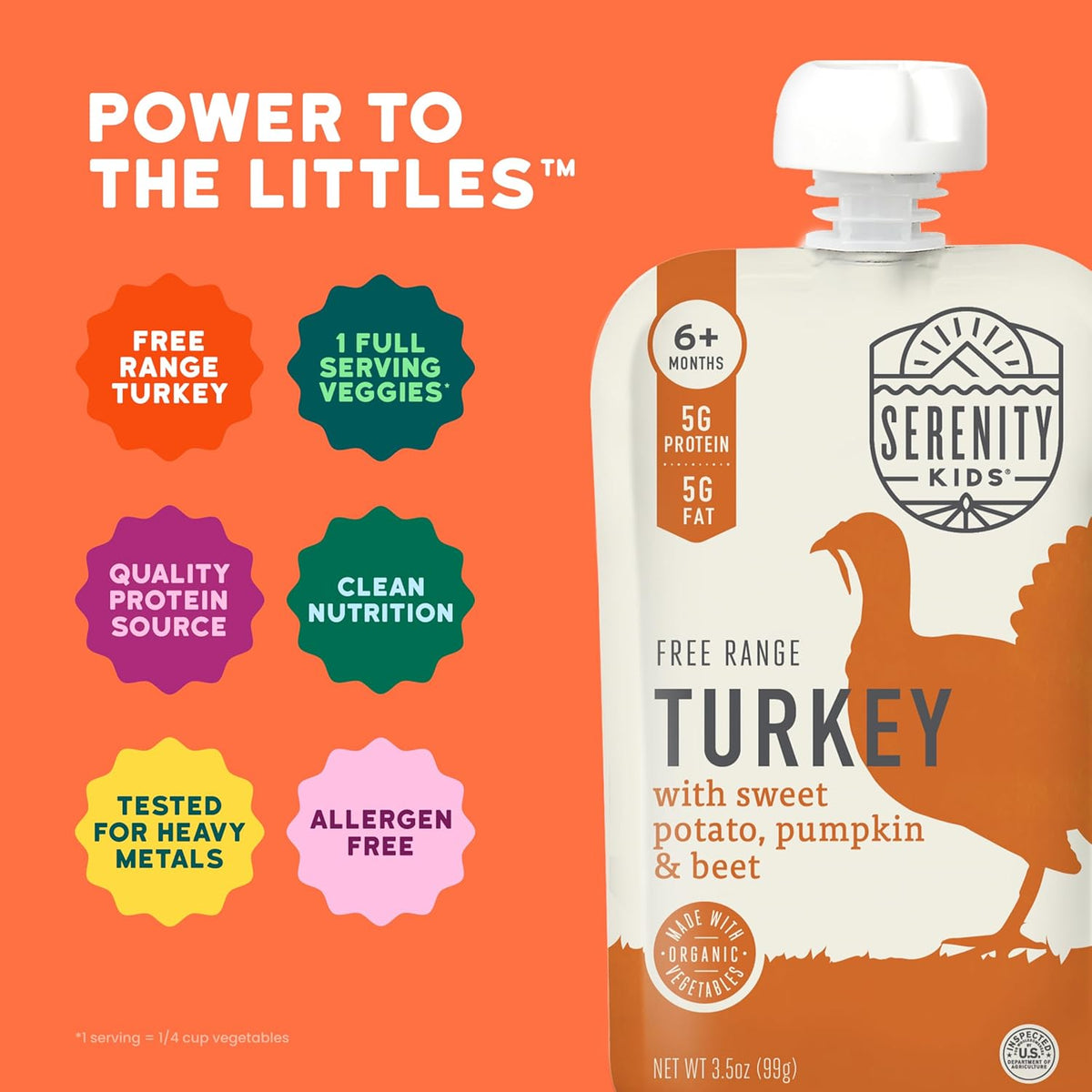 Serenity Kids 6+ Months Organic Baby Food Pouches - BPA-Free Range Turkey Pouches with Pumpkin