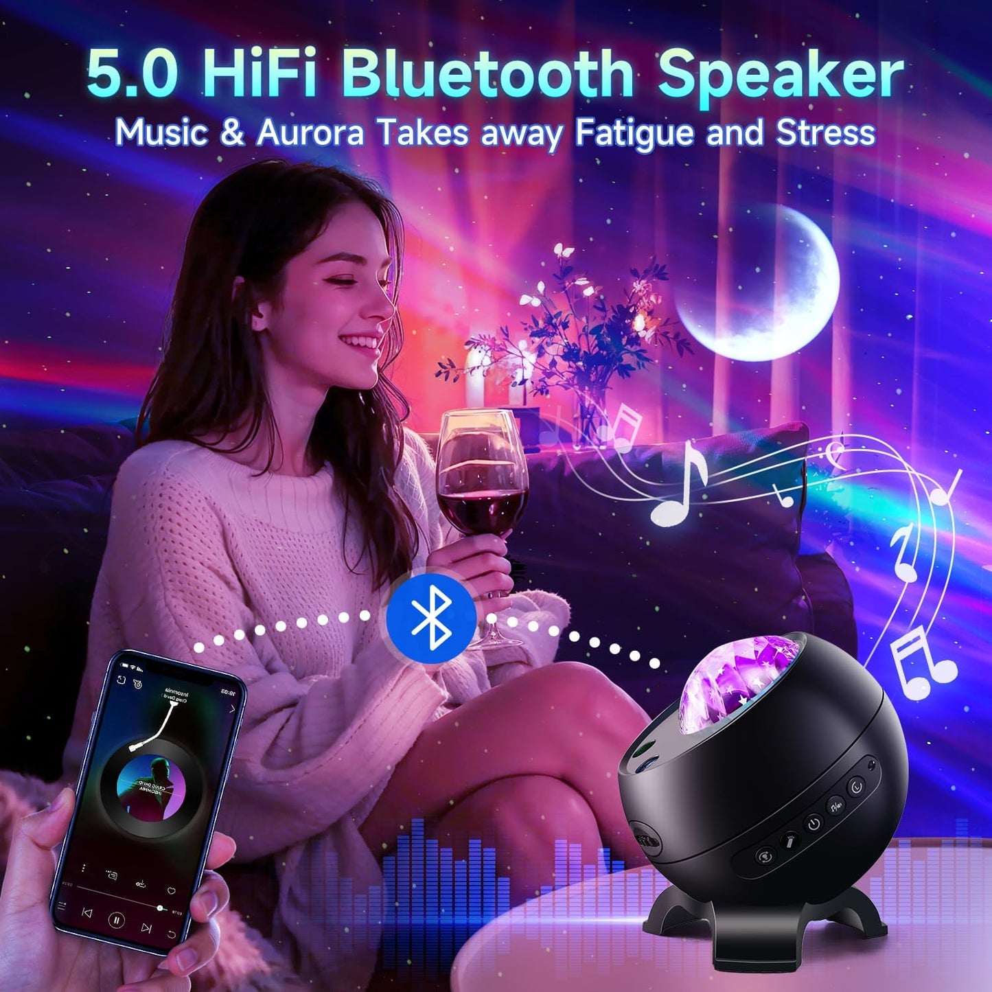 One Fire Northern Lights, 21Colors Galaxy Projector for Bedroom, 15White Noise&Bluetooth Star