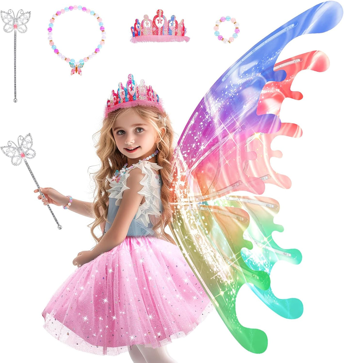 Princess Dress up Costume with Electric Fairy Wings for Girls 3-8, Light Up Moving Butterfly Wings