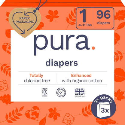 Pura Hypoallergenic Diapers, Size 1 (4-11lbs), Newborn, Totally Chlorine Free, Wetness Indicator