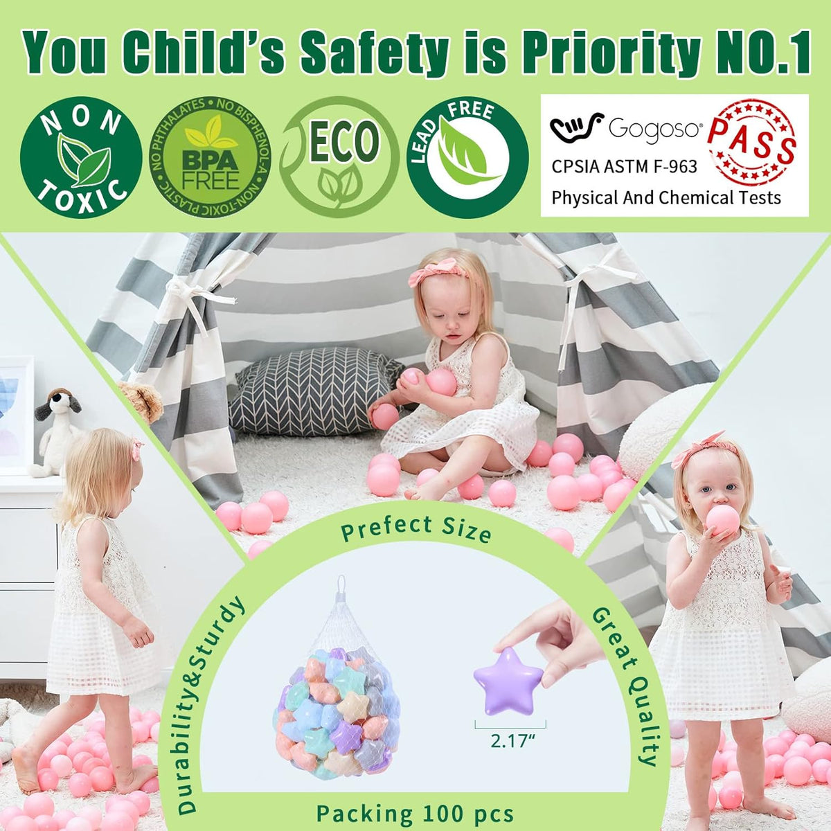 GOGOSO 100 Ball Pit Balls Star Bals - Pink Soft Plasticballs Phthalate Free BPA Free Playballs for
