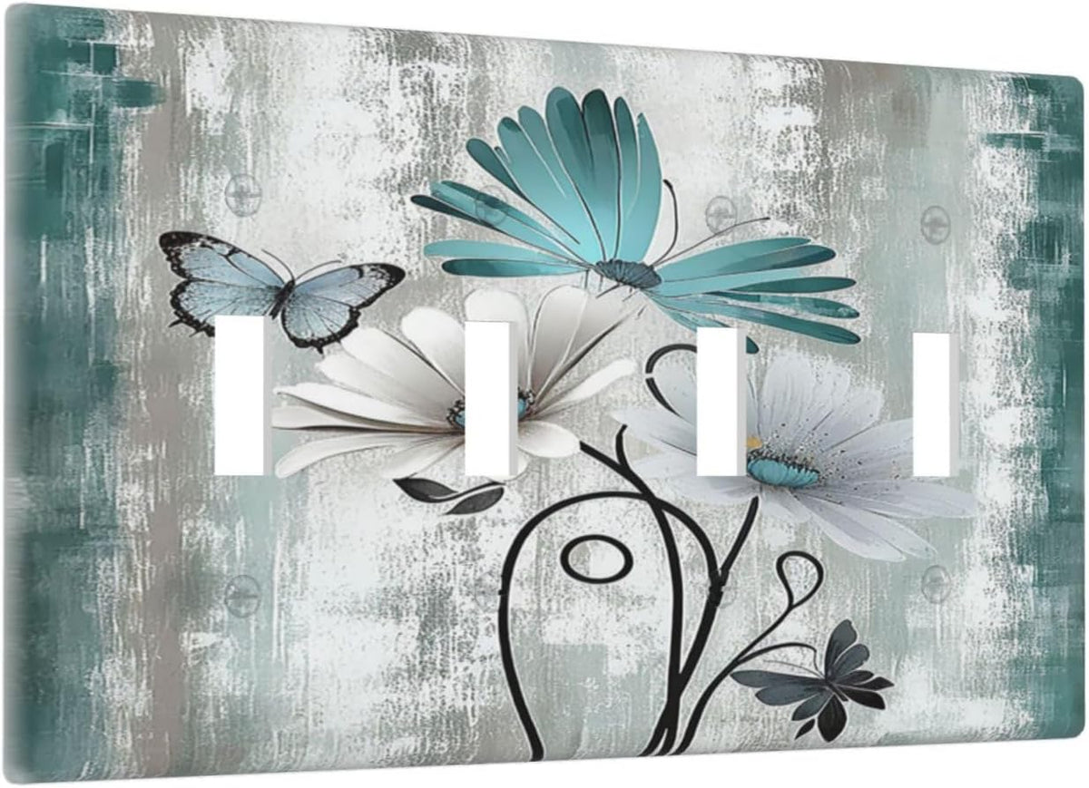 Light Switch Covers Rustic Teal Daisy Floral Flowers Butterfly Wood Grain Quad Toggle Electrical