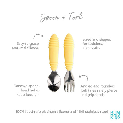 Bumkins Toddler Utensils, Kids Size Fork and Spoon Set, Silicone and Stainless-Steel Training