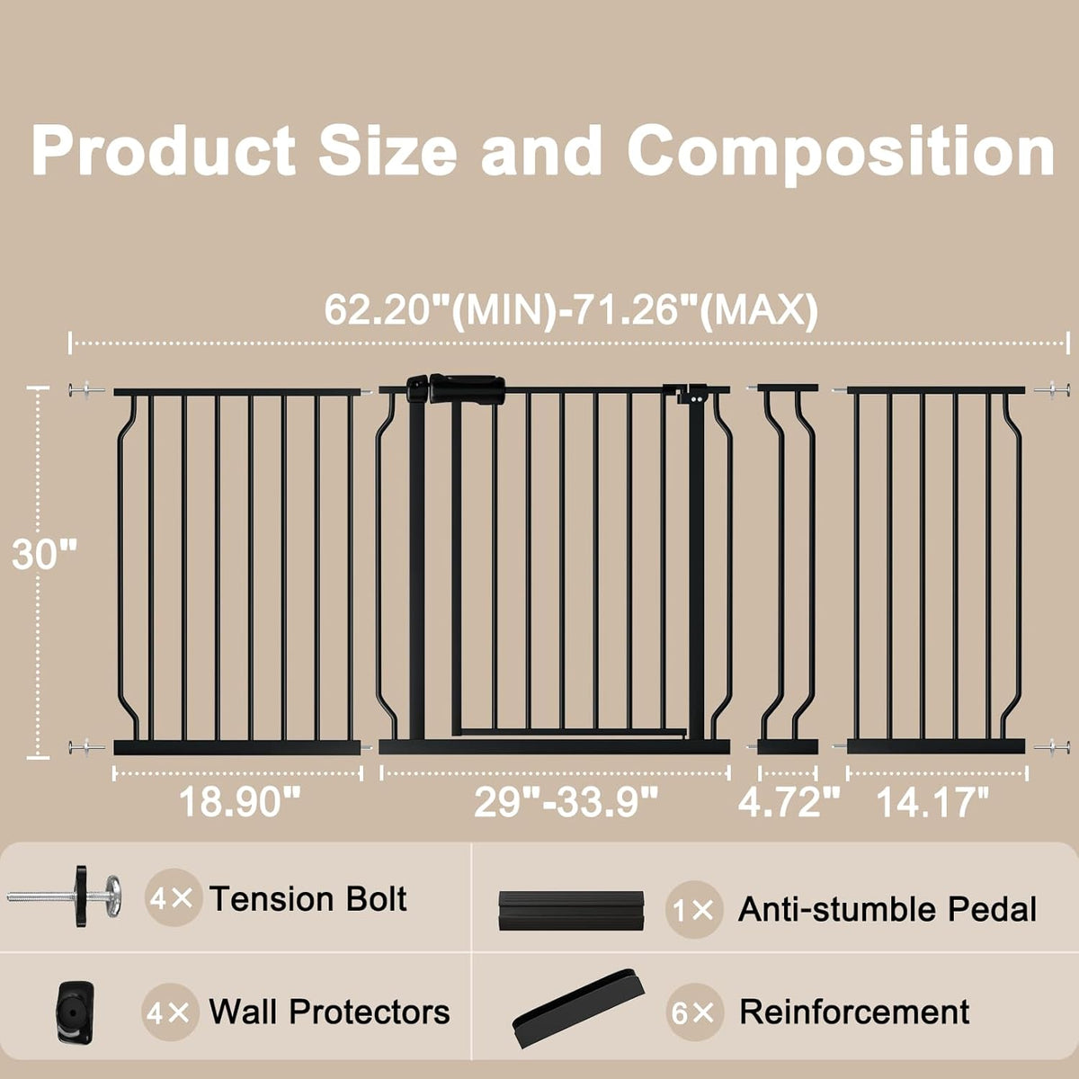 WAOWAO Baby Gate 62.20-71.26" Extra Wide Pressure Mounted Walk Through Swing Auto Close Safety