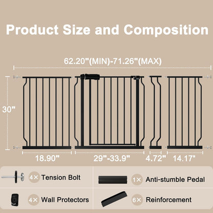 WAOWAO Baby Gate 62.20-71.26" Extra Wide Pressure Mounted Walk Through Swing Auto Close Safety
