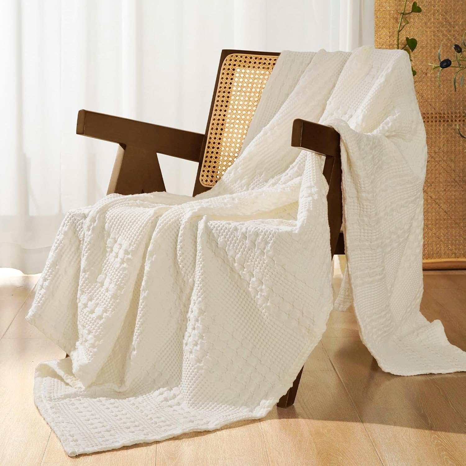 PHF 100% Cotton Waffle Weave Throw Blanket, Soft Lightweight Breathable Cozy Summer Throws for