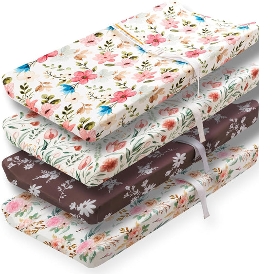 4 Pack Baby Girl Changing Pad Covers Sheets Set Soft Fitted Floral or Elephant Theme Baby Girl