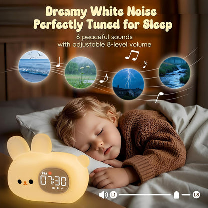 Bunny Alarm Clock with Night Light for Kids with Sleep Training and Sound Machine, Rechargeable