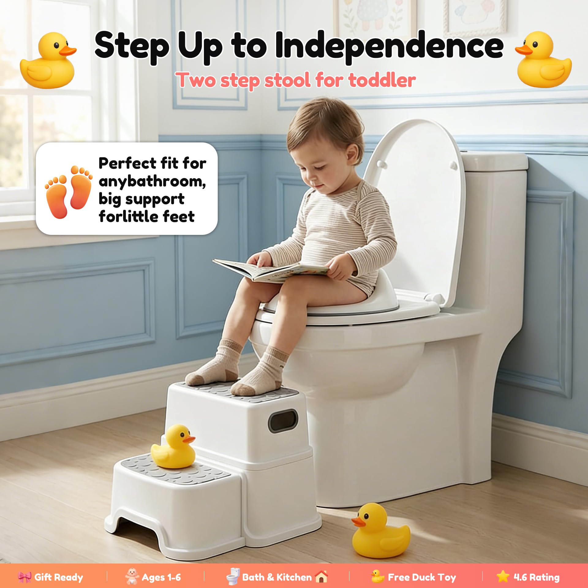 UNCLE WU Toddler Step Stool for Potty Training, Bathroom Sink & Toilet - 2 Step Kids Poop Stool