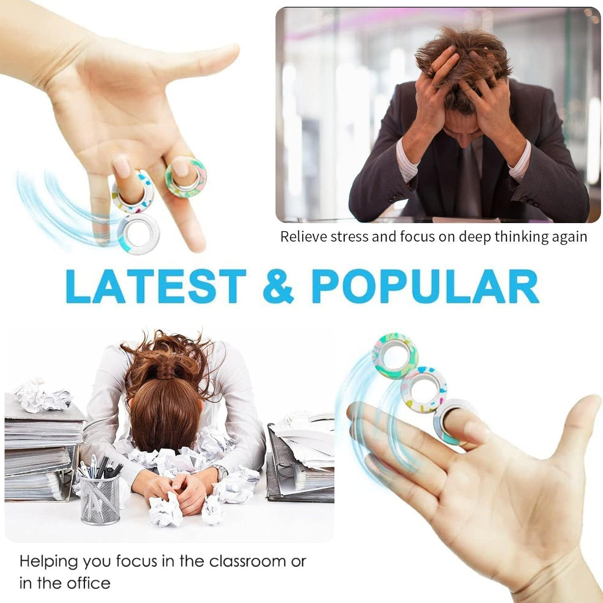 12Pcs Magnetic Rings Fidget Toys Spinner Set,Finger Magnet Rings Endless Hours of Fun ADHD Stress