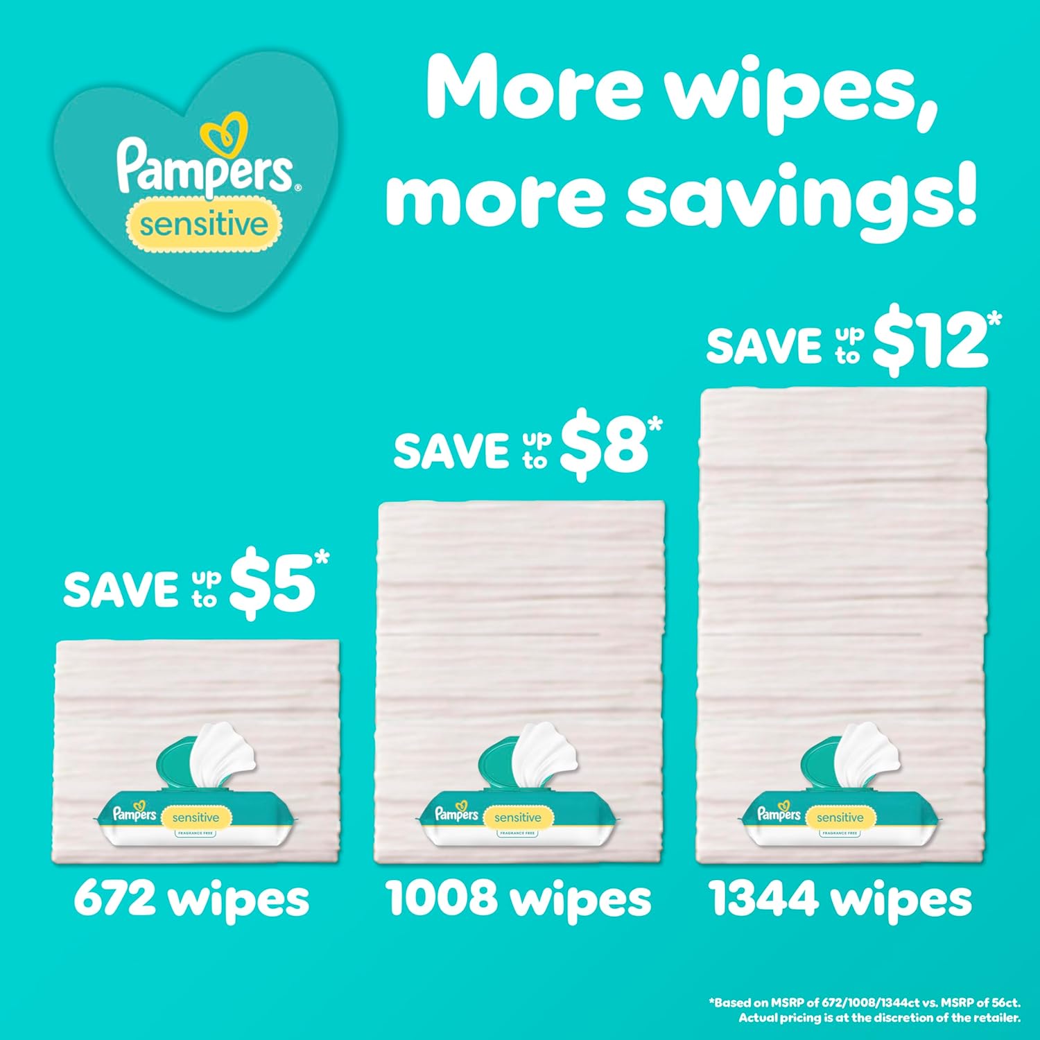 Pampers Baby Wipes Sensitive, Water Based Baby Wipes, Hypoallergenic and Unscented Baby Wipes, 168