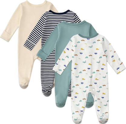 Aablexema Baby Footed Pajamas with Mitten Cuffs Zipper 4-Pack Infant Newborn Cotton Long Sleeve