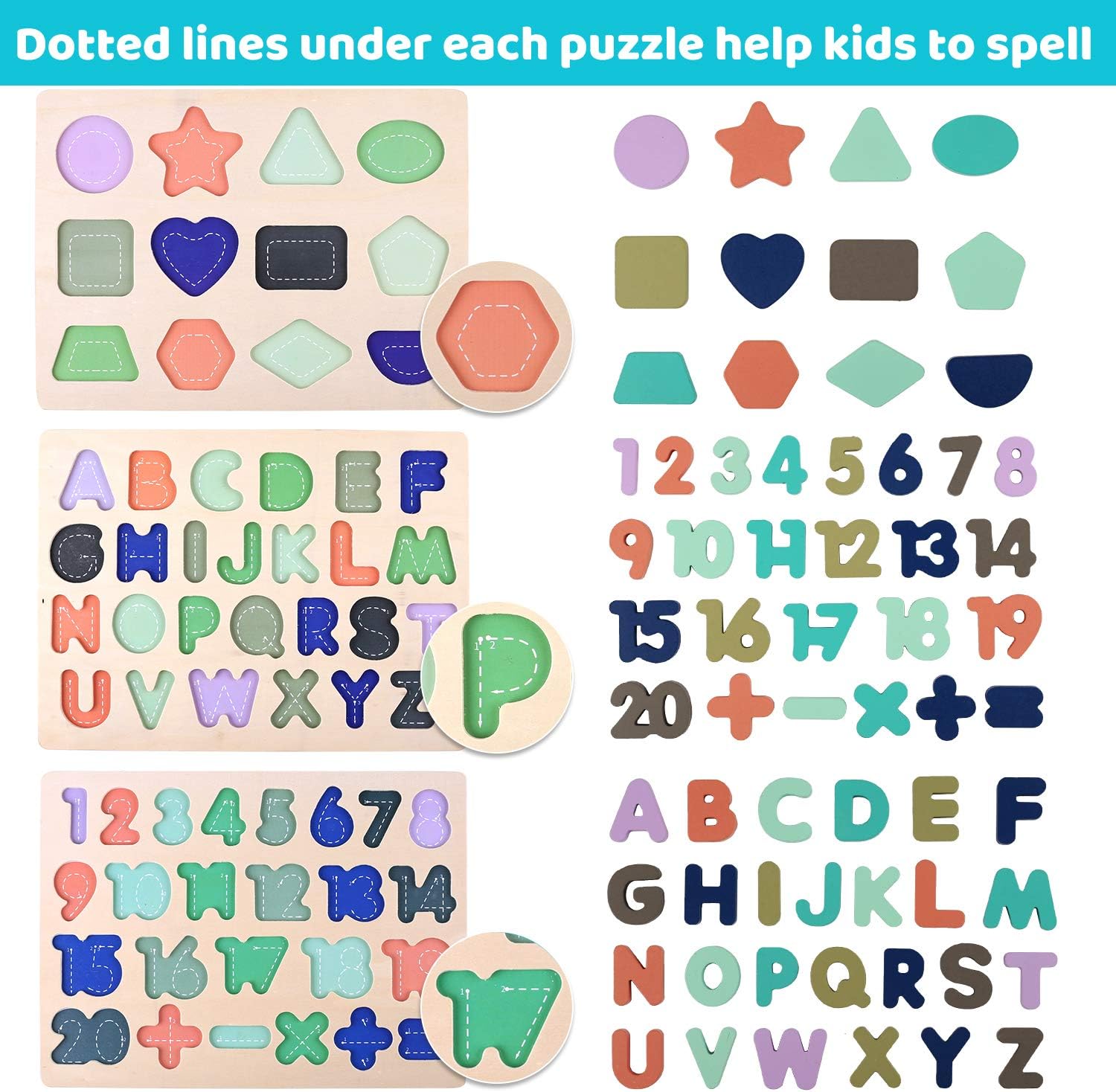 Wooden Puzzles for Toddlers, Voamuw Wooden Alphabet Number Shape Puzzle Toddler Education Learning