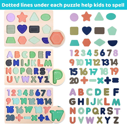 Wooden Puzzles for Toddlers, Voamuw Wooden Alphabet Number Shape Puzzle Toddler Education Learning