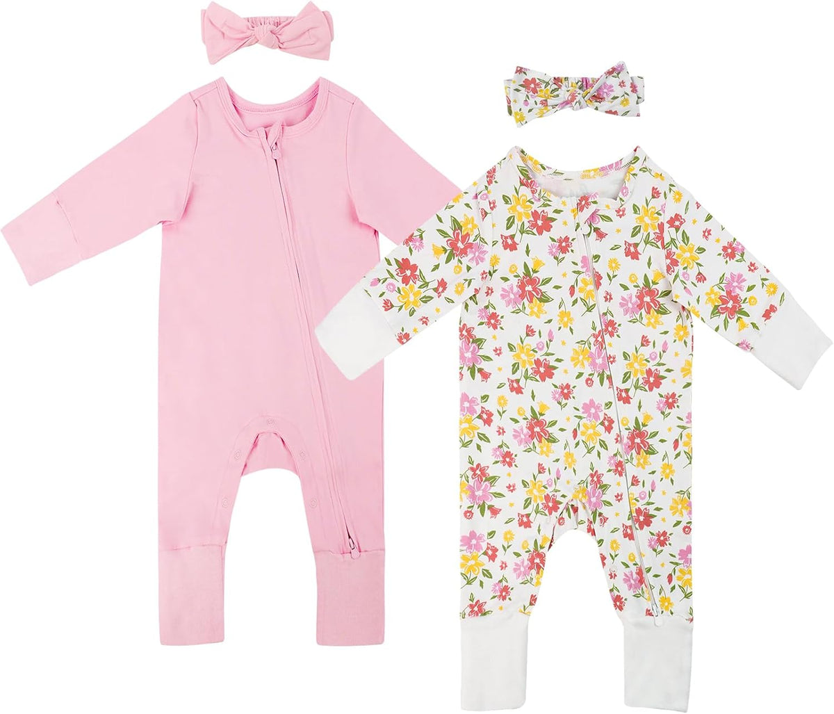 Satol Baby Girl Cotton Clothes, One-Piece Zip Front Footed, 2 Way Zipper Outfit Baby Clothes for