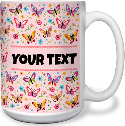 Personalized Mug for Kids - Butterflies - Custom Name/Text, Ceramic Hot Chocolate/Cocoa/Coffee Cup