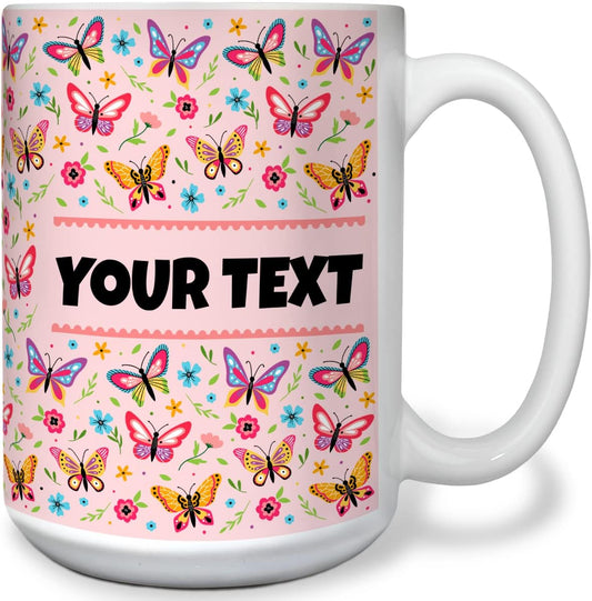 Personalized Mug for Kids - Butterflies - Custom Name/Text, Ceramic Hot Chocolate/Cocoa/Coffee Cup
