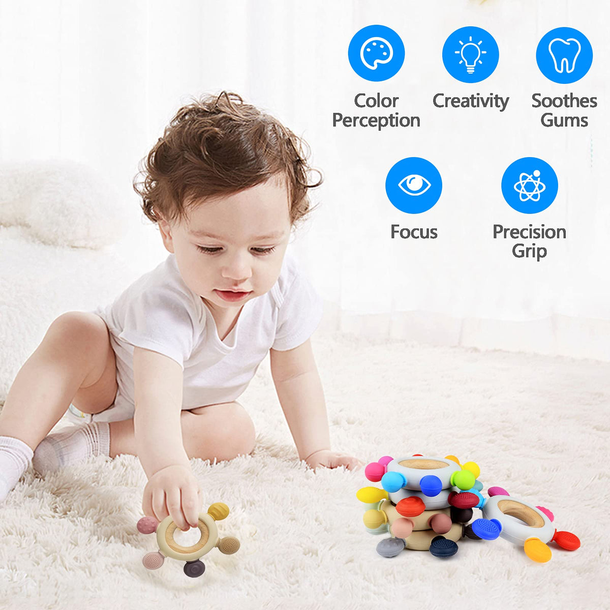 Arudyo Baby Teething Toys Silicone Teethers BPA Free Silicone Rudder with Wooden Ring Soothe Babies