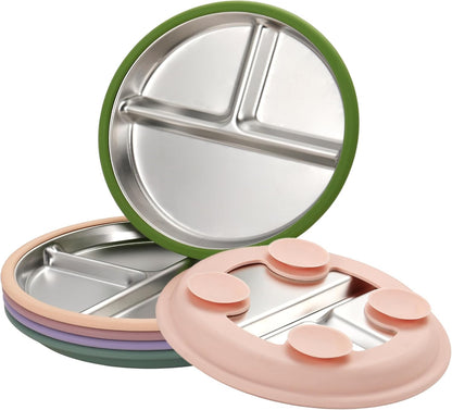 3Pack Stainless Steel Kids Plates, 8.1" Divided Toddler Plates with Removable Silicone Suction
