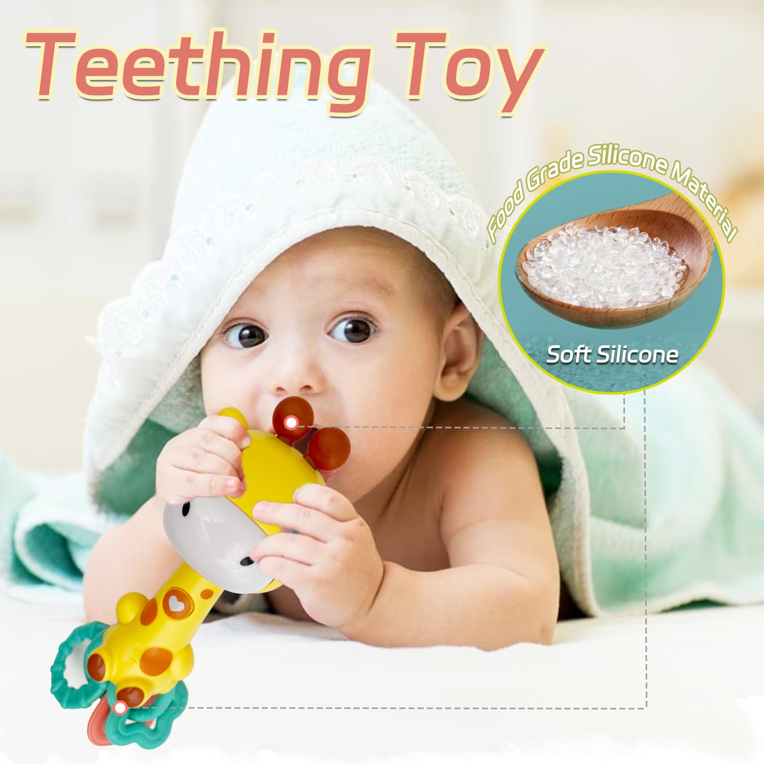 Baby Music Rattle, Teething Toys for Infants 6-12-18 Months Toddlers, Light-Up & Chew Sensory Toys