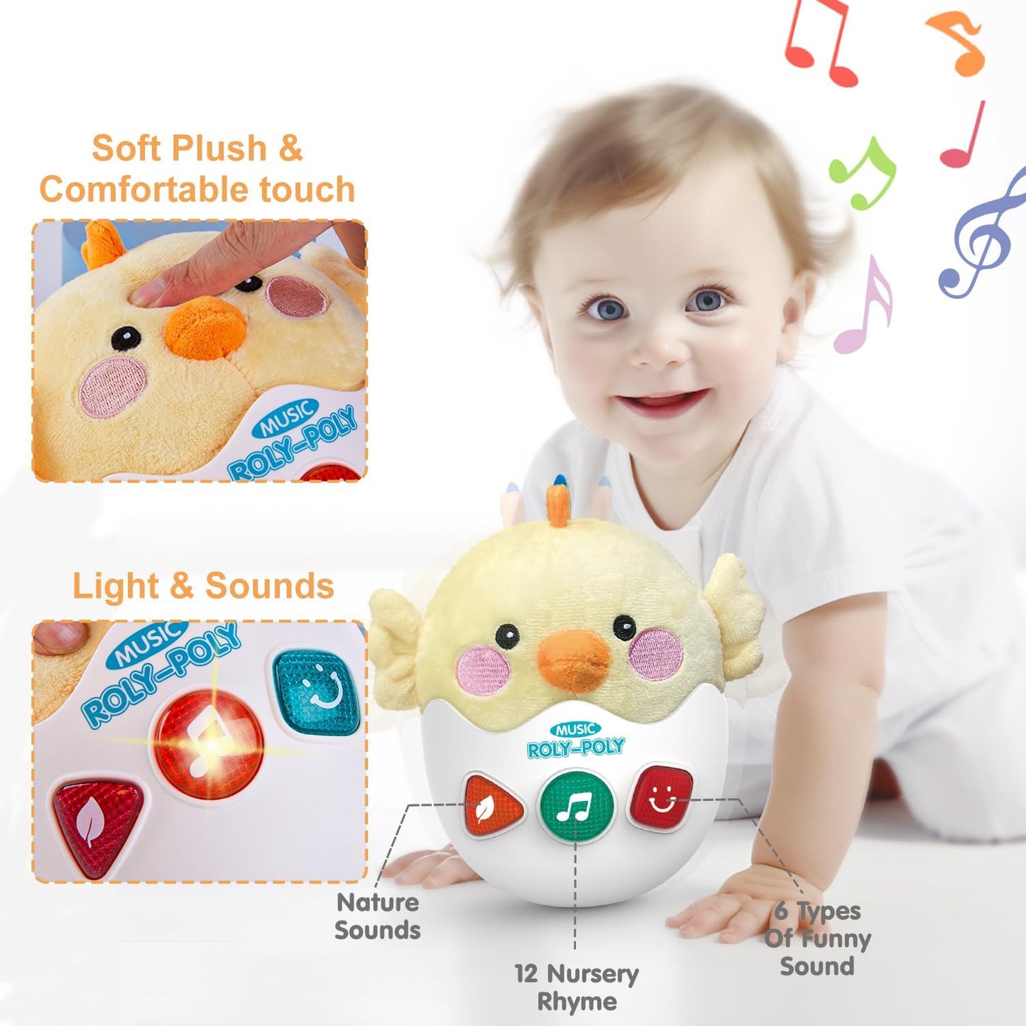 Baby Toys 0-6-12 Months, Chick Musical Plush Cute Stuffed Animal Infant Tummy Toys with Light &