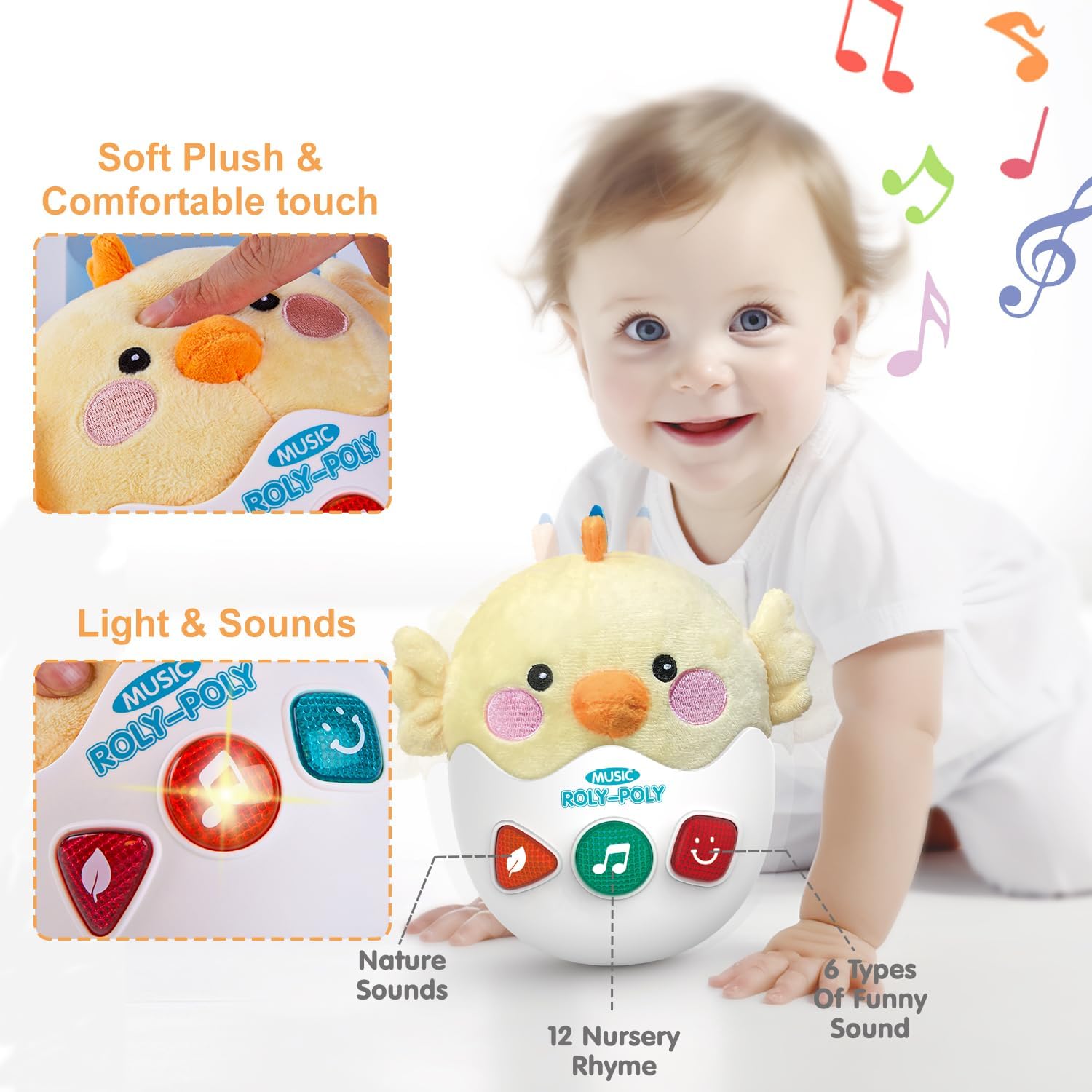 Baby Toys 0-6-12 Months, Chick Musical Plush Cute Stuffed Animal Infant Tummy Toys with Light &