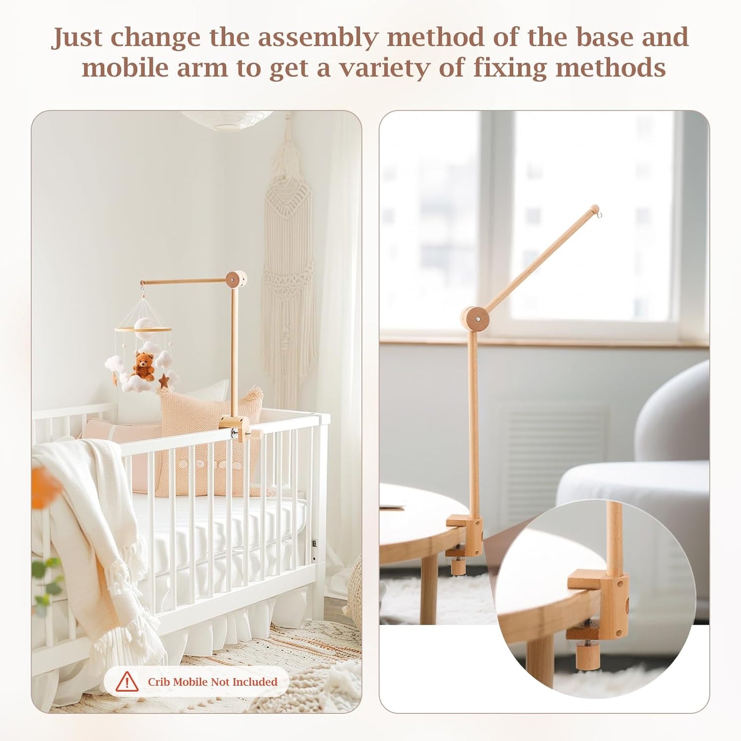 Baby Crib Mobile Arm - Wooden Mobile Arm with Height Adjustable＆360° Rotatable Upgraded Arched Base