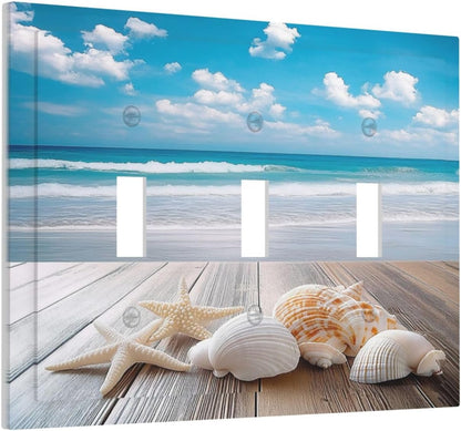 Decorative Switch Plates Beach Waves Brown Wood Starfish Shells 3 Gang Wall Plate Triple Toggle