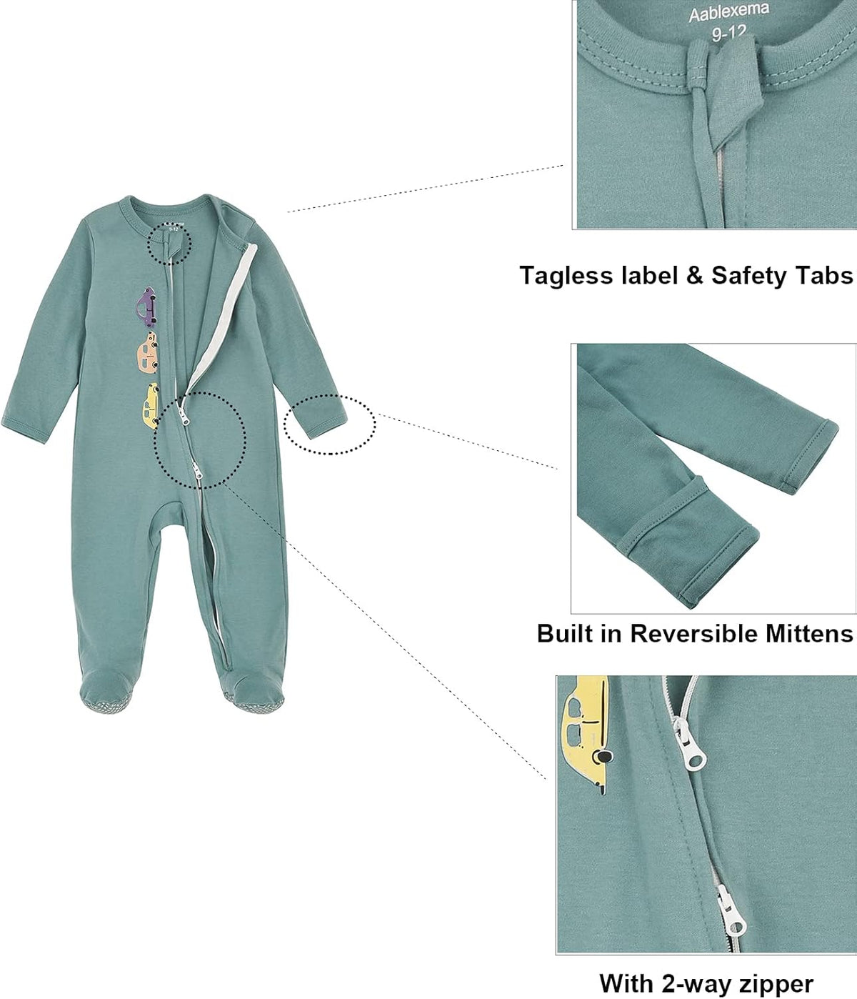 Aablexema Baby Footie Pajama with Mitten Cuffs, Double Zipper Infant Cotton clothes Sleeper Pjs
