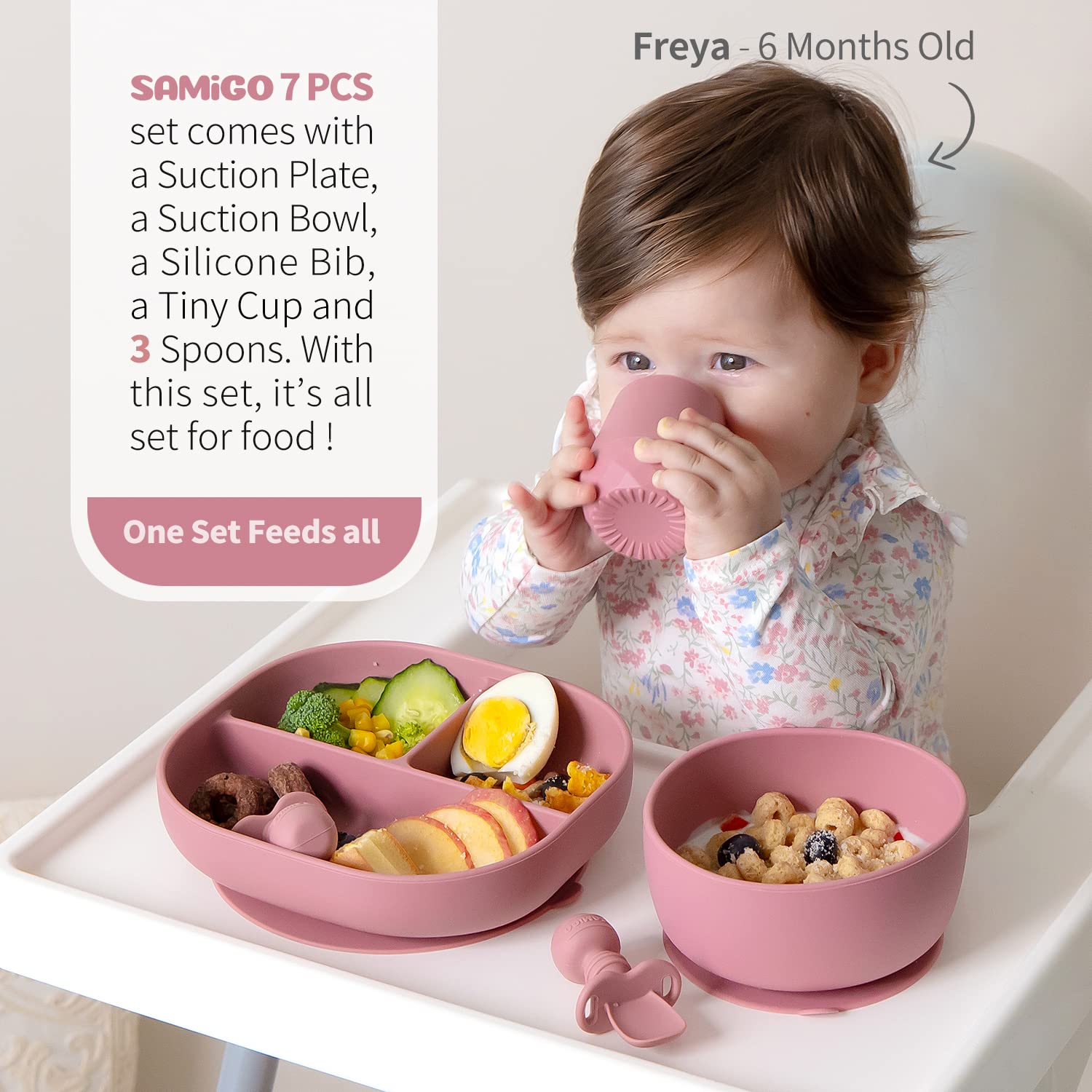 SAMiGO Silicone Baby Feeding Set, Baby Led Weaning Supplies, Suction Bowl Plate Bib Cup Self