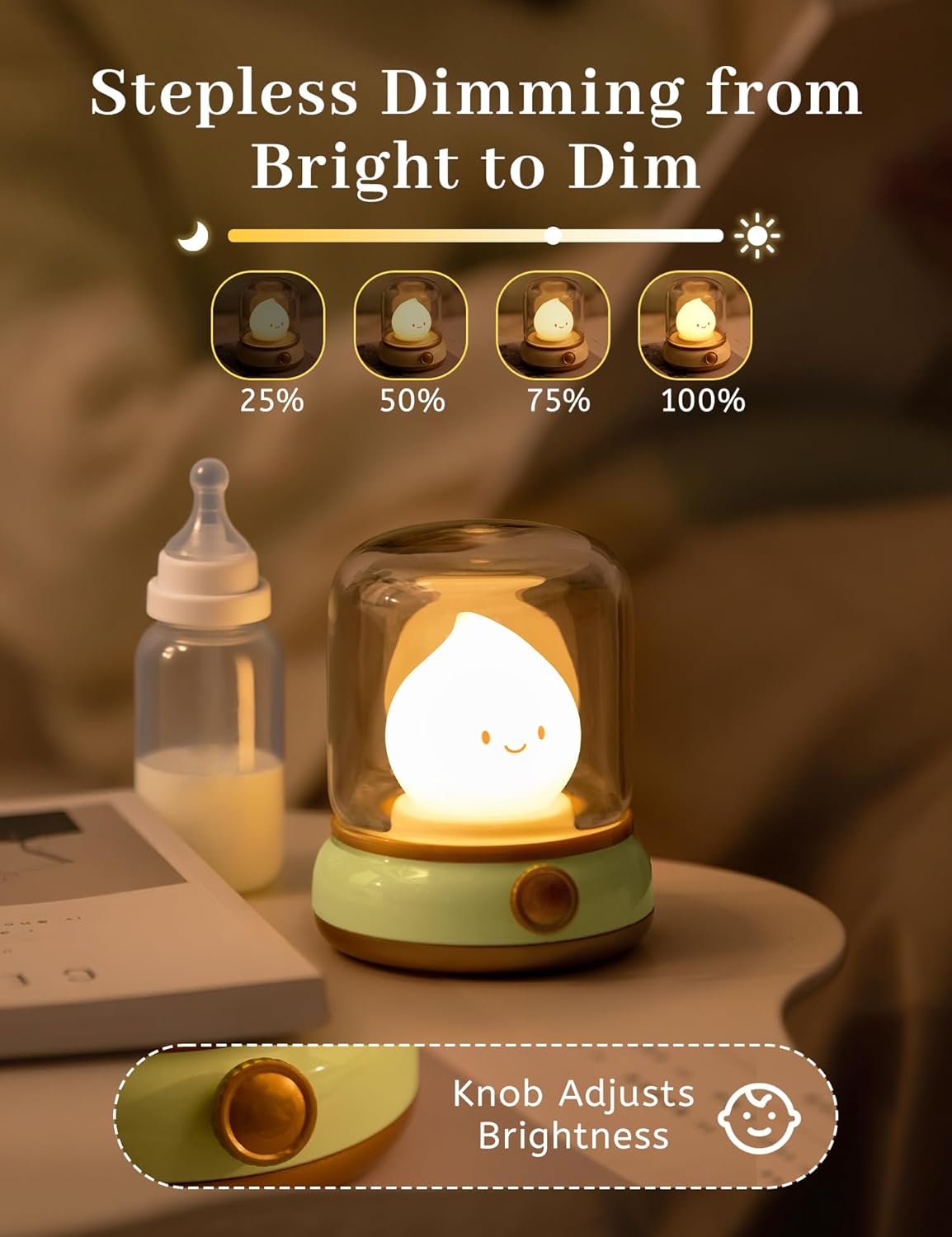 Smiley Night Light for Baby Nursery, Rechargeable Stepless Dimming Small Night Stand Lamps, Cute