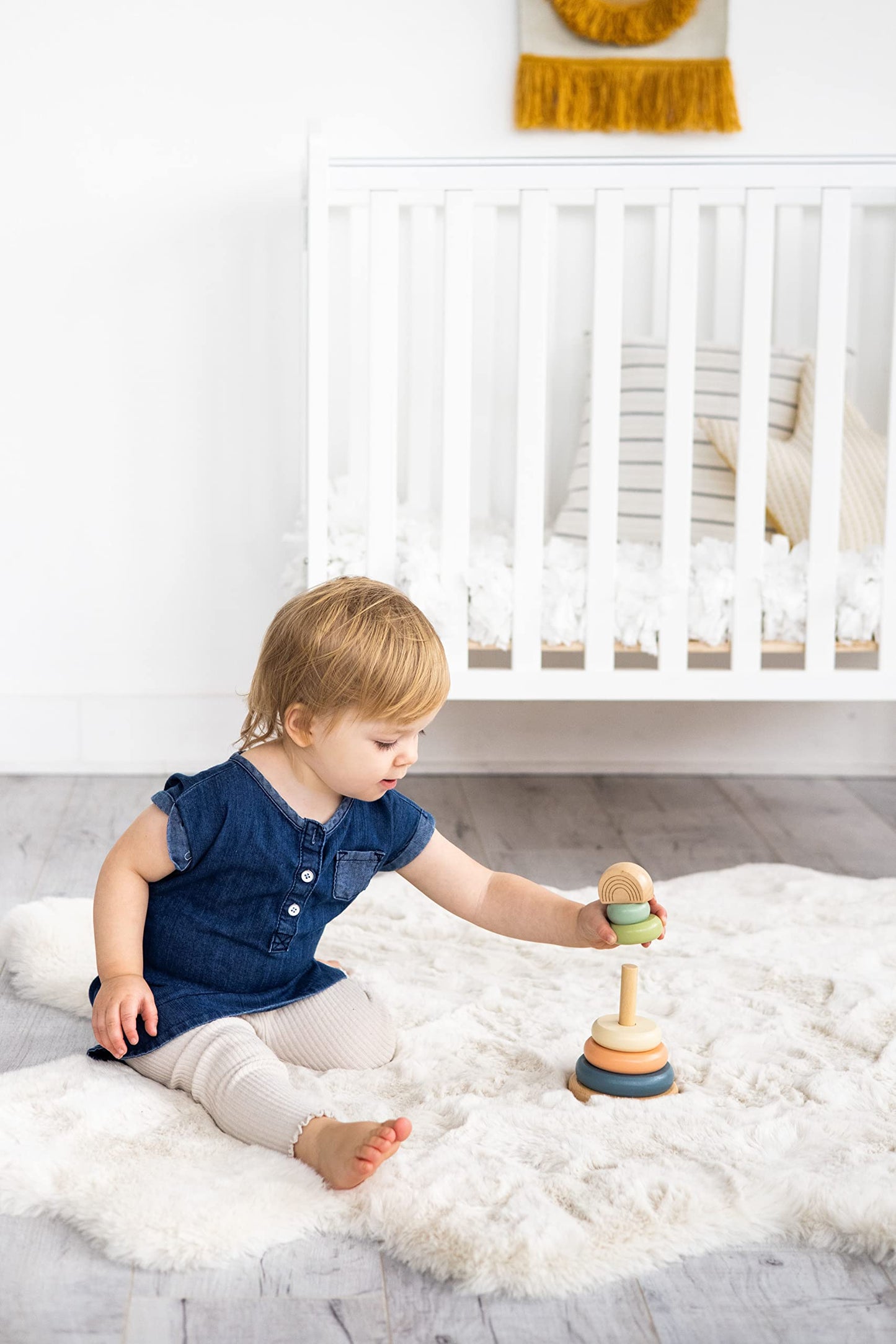 Pearhead Wooden Rainbow Stacking Ring Toy, Montessori Baby Stacker