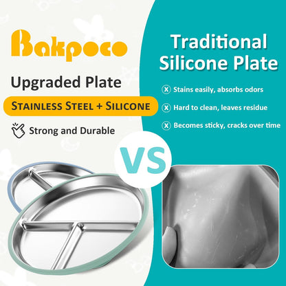 Stainless Steel Suction Plates for Toddlers, 9" Divided Kids Baby Plates with Removable Silicone