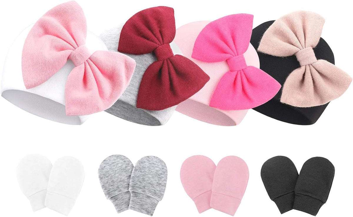 BQUBO Newborn Baby Hats Mittens Set Hospital Hat Beanie Infant Bow Hats Baby Gloves No Scratch