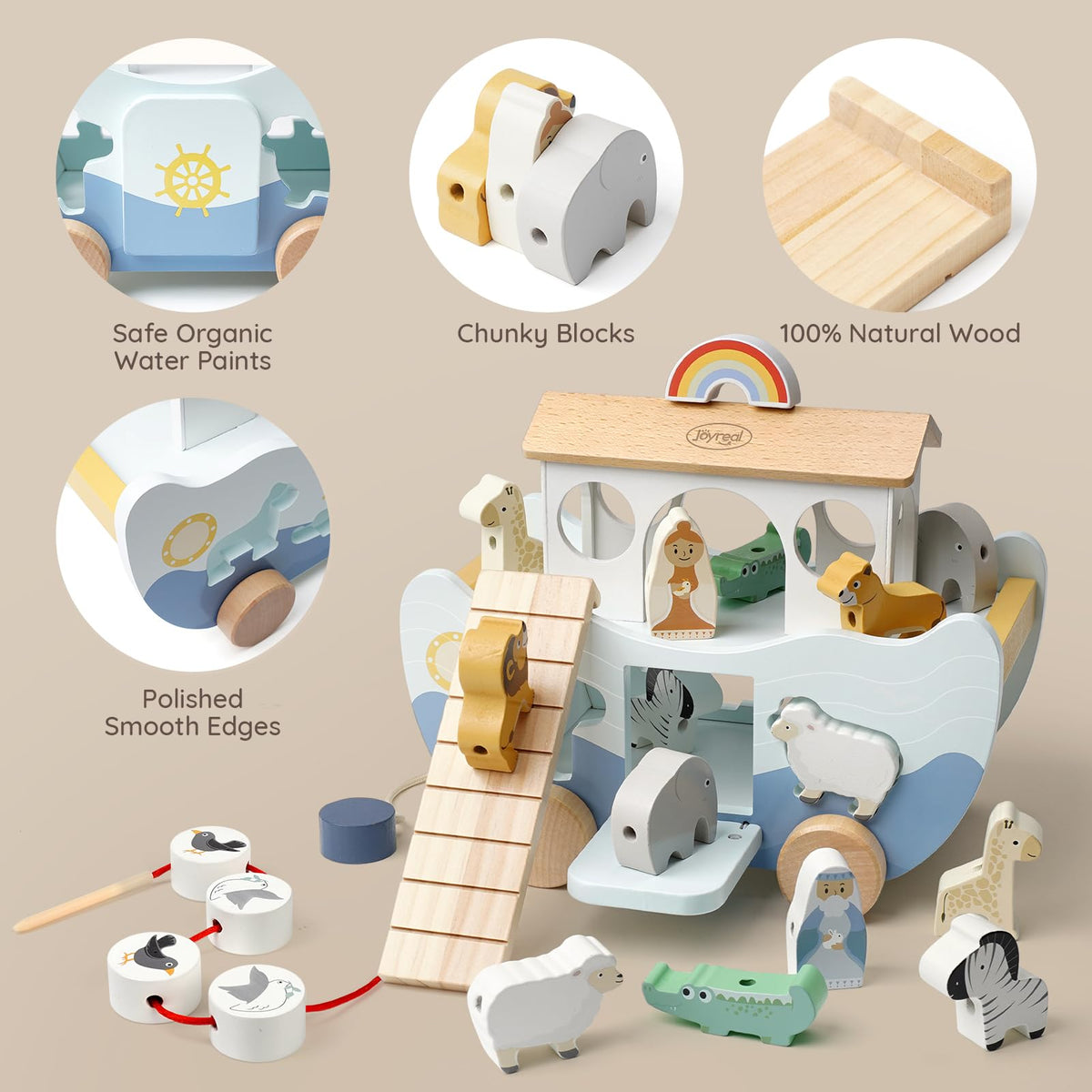Joyreal Wooden Noah's Ark Toy for 1 Year Old Baby Boy and Girl Baptism Gift