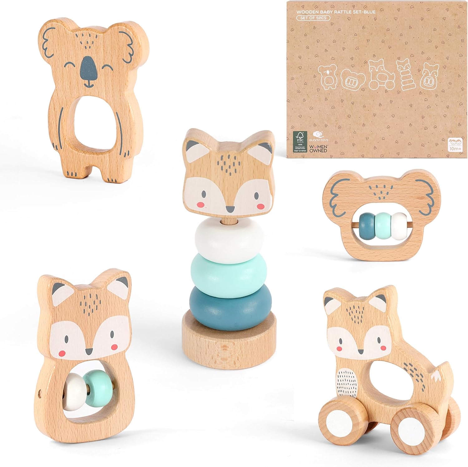 Freniland Wooden Montessori Toys, 5-Piece Wooden Baby Toy, Koala Baby Rattle, Fox Stacking Ring