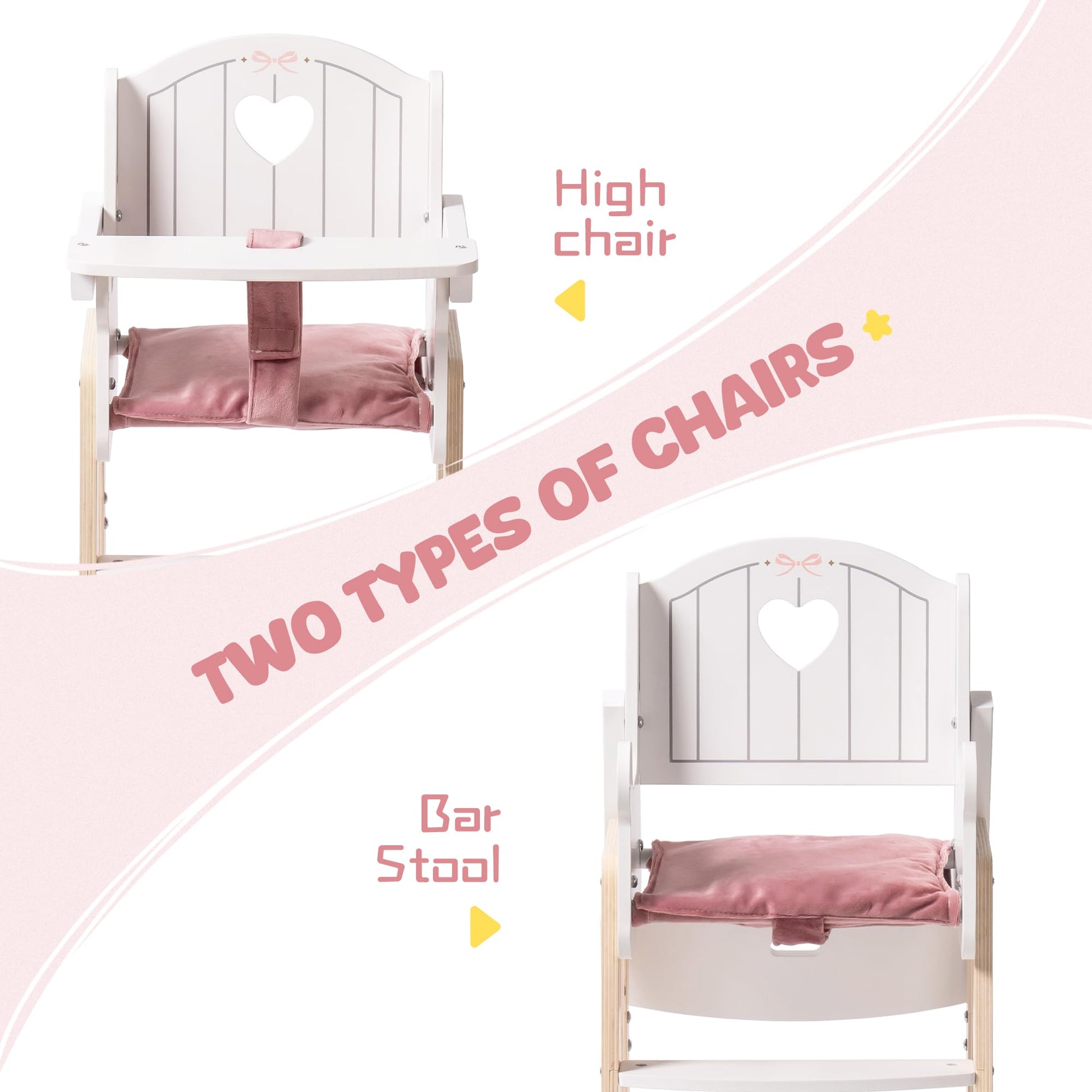 ROBOTIME Wooden Baby Doll High Chair for 18 Inch Dolls, Pink