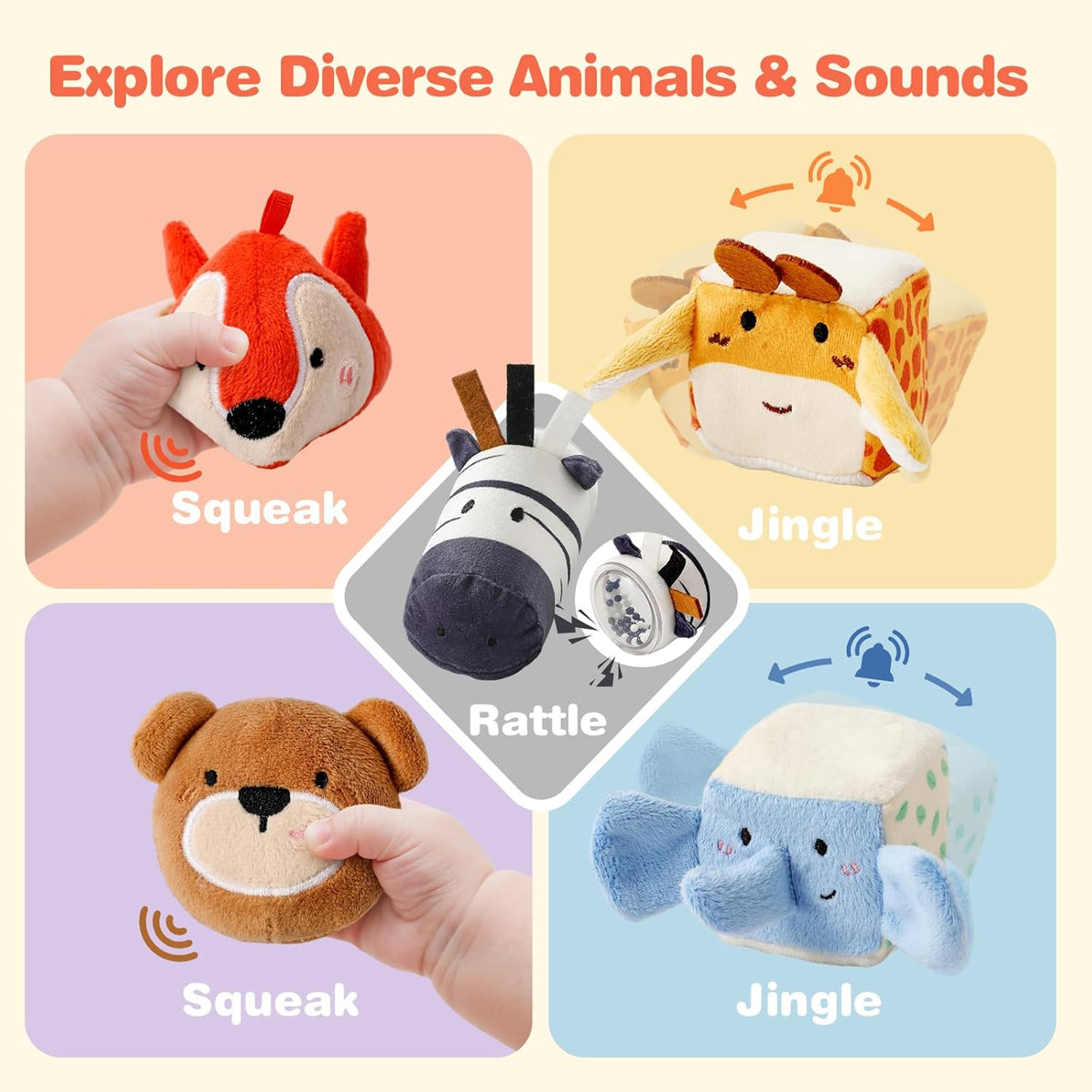 Youuys Baby Toys 6 -12 Months - Jungle Soft Stuffed Animal Set with Rattle, Crinkle Paper