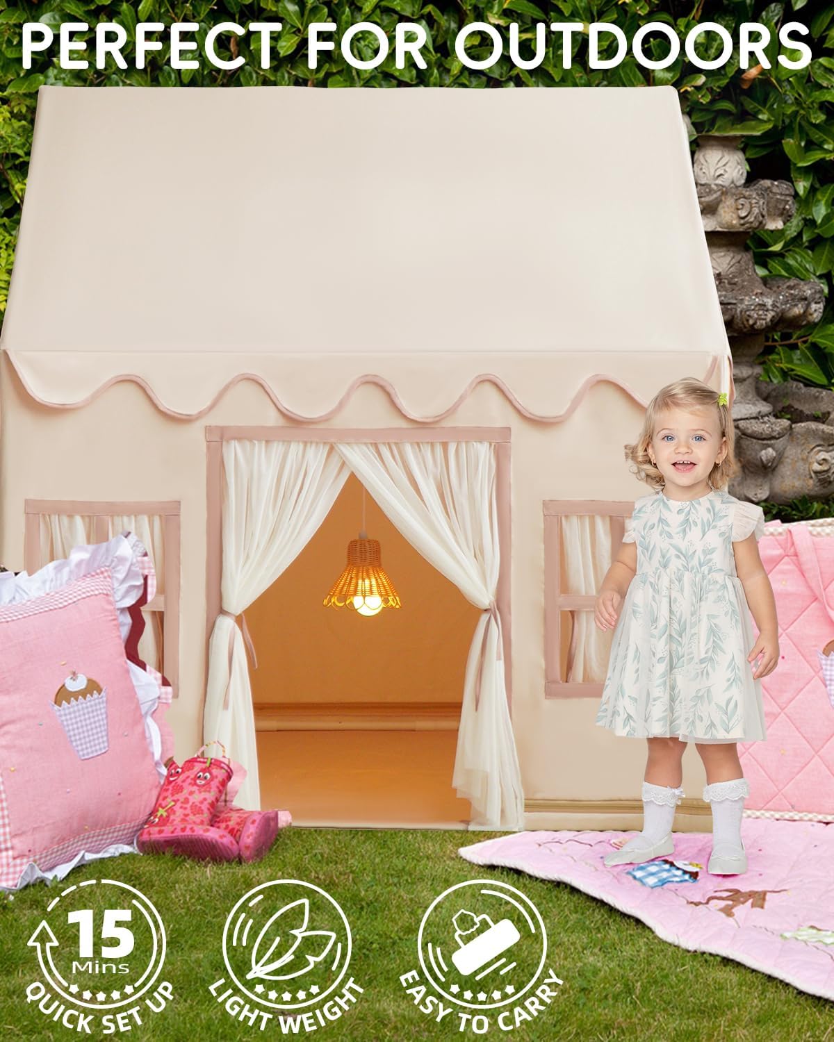 Large Kids Tent Playhouse Base Fabric with Star Lights, Flags and Tote Bags, Kids Play Tent Indoor